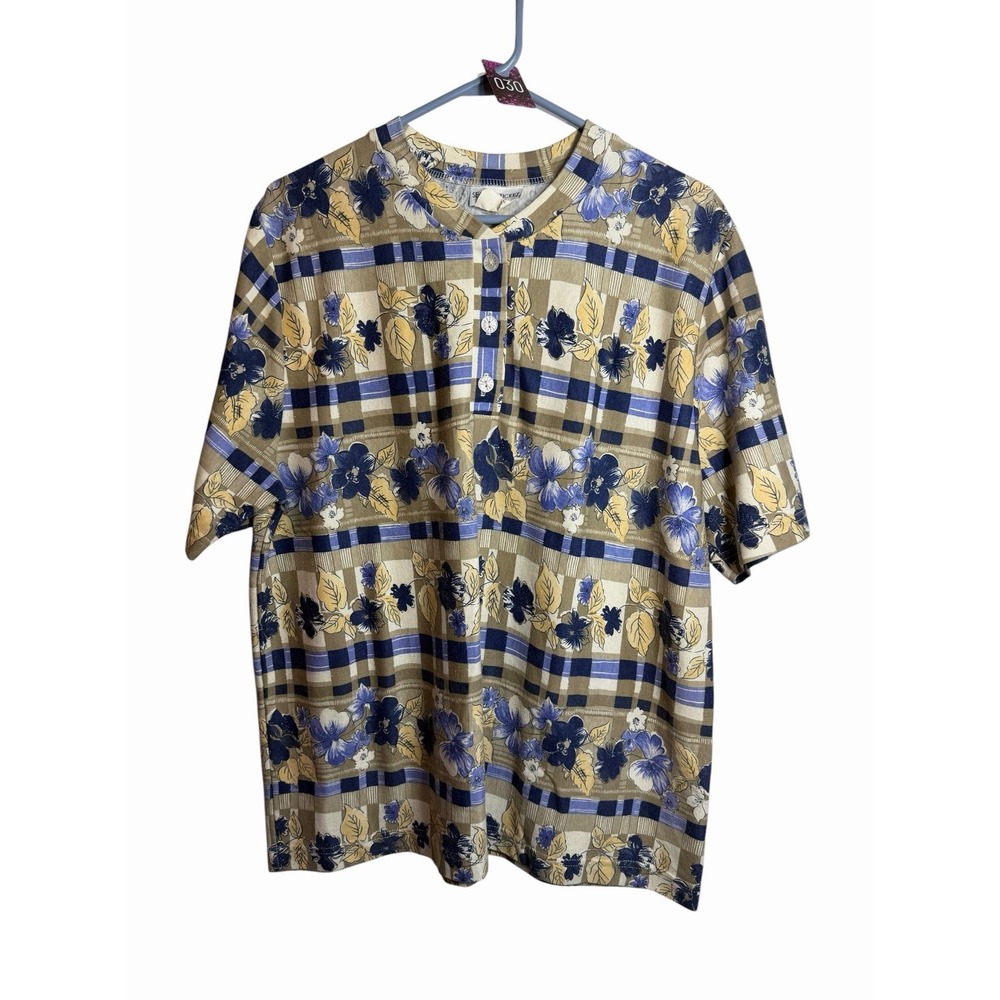 season ticket womens vintage short sleeve floral blue brown shirt size XL